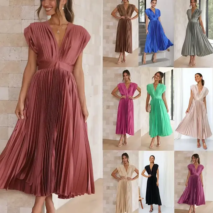 Robe plissée sexy pour femmes, polyester ample, col en V, décontractée, printemps été, sangle de spaghetti, coupe régulière, longueur cheville, nouvelles couleurs et tailles disponibles