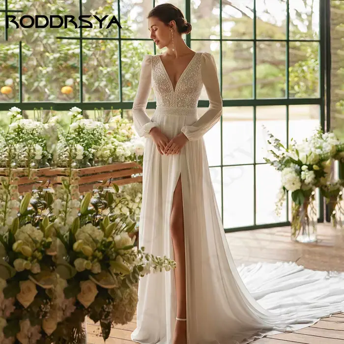 Robe de Mariée Bohème en Mousseline de Soie pour Femme Tenue Éducative Manches sulf Dentelle Appliques Ligne A