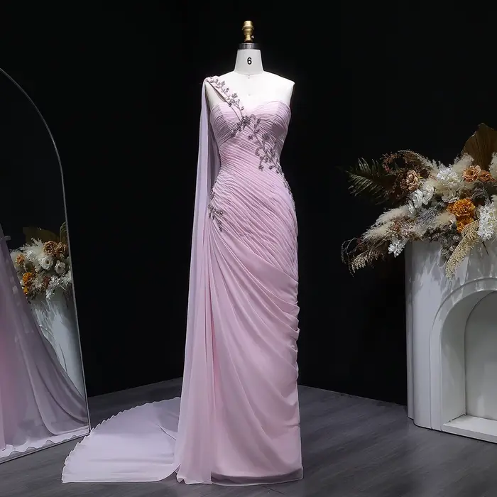 Sharon Sai élégant rose clair chérie drapée robes de soirée avec une épaule femmes robe de mariée formelle SF249 personnalisé