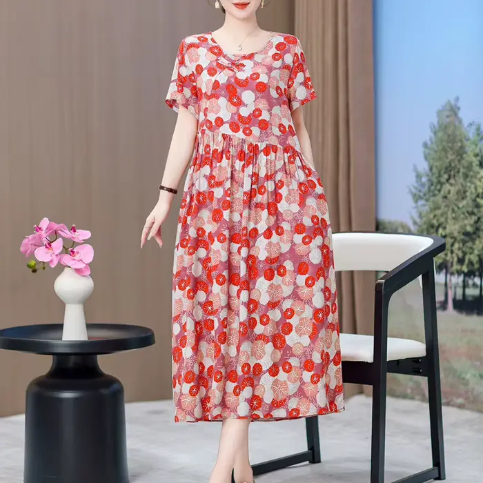Robe vintage décontractée à manches courtes col rond impression florale ample pour femmes occasions spéciales été 2025