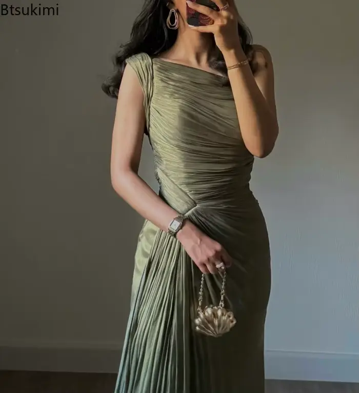 Robe de soirée plissée à corset olive green pour femme, élégante et polyvalente pour toutes les occasions sociales et quotidiennes