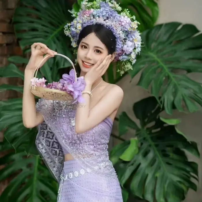 Robe de danse traditionnelle thaïlandaise vintage pour femmes, robe de photographie violette, ensemble de festival sexy pour les vacances
