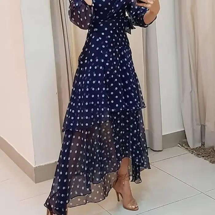 Robe élégante à pois imprimés bleu foncé pour femmes, soirée, événements professionnels, cadeau surprise, coupe empire, silhouette fluide