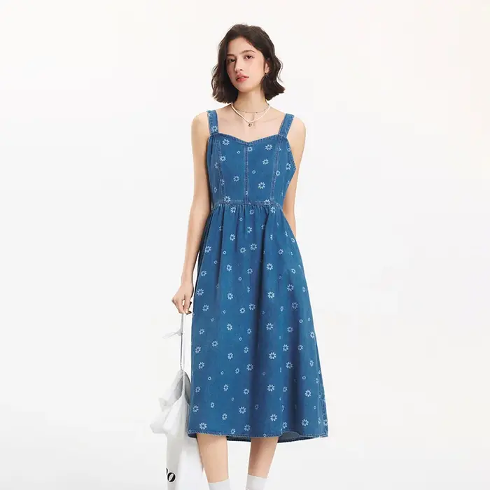 Robe salopette en jean semir pour femme style preppy imprimé floral coton coupe régulière été 2025 occasions spéciales