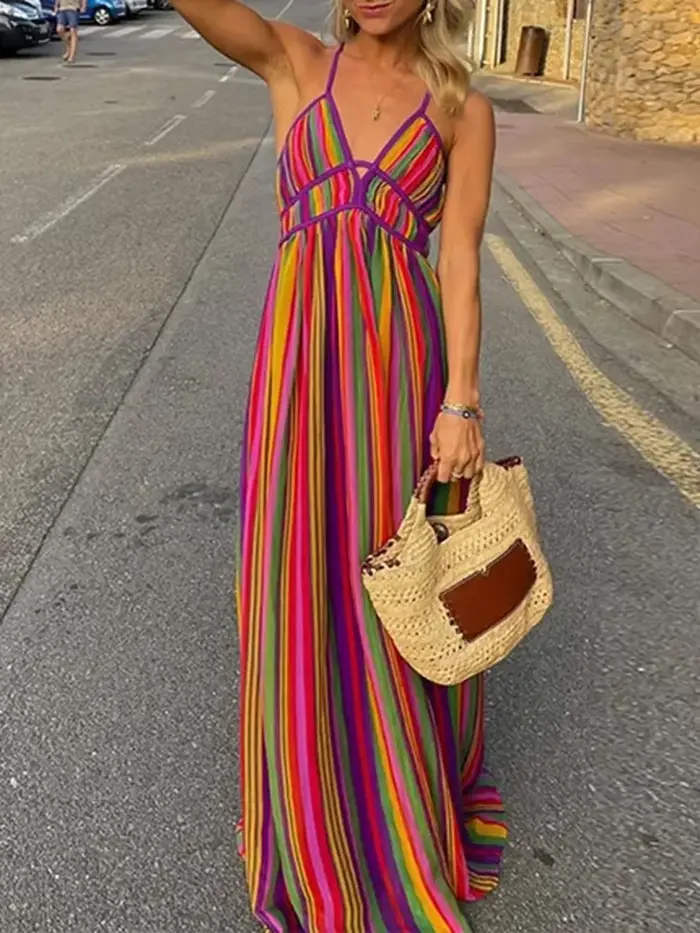 Robe longue style bohémien dos nu ajourée col en V sans manches taille haute été plage rayures colorées pour femme occasions spéciales