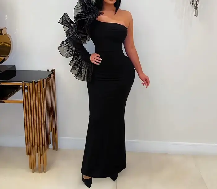Robe longue asymétrique pour femme, élégante, à volants, moulante, pour soirée, été, anniversaire, H