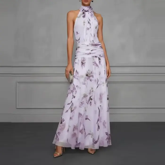 Robe d'été décontractée style bohème imprimé floral plissée sans manches col halter taille haute pour femmes occasions spéciales