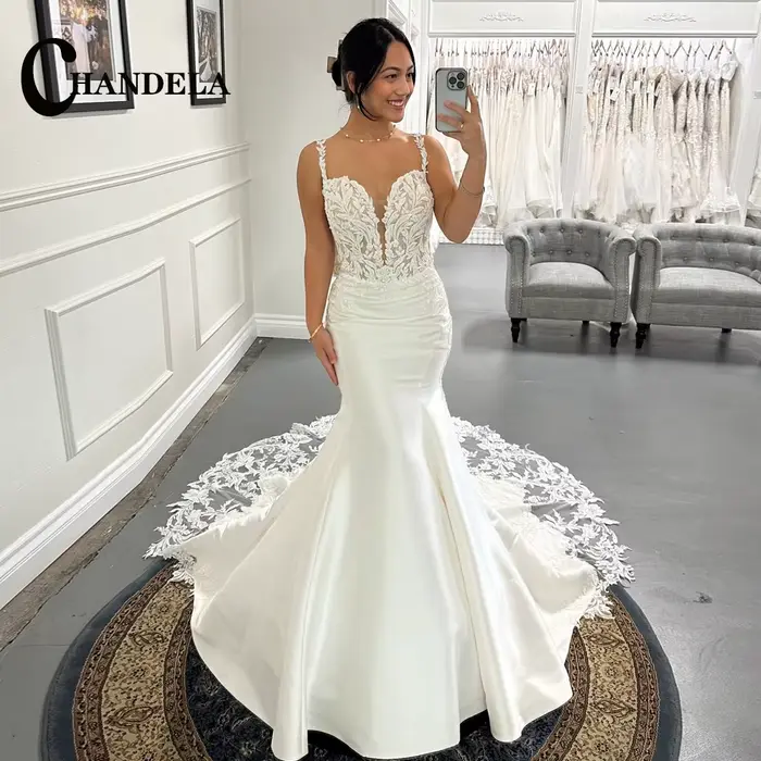 CHANDELA-Robes de mariée en satin classique pour mariée, décolleté en V, trompent en fibre avec appl