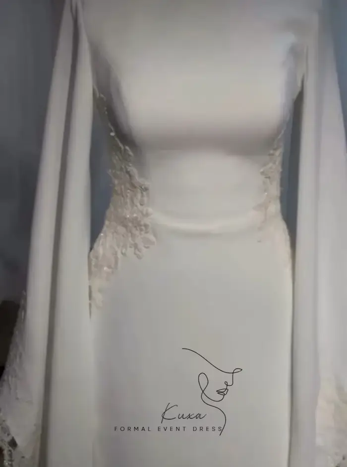Robe de mariée KUXA en dentelle avec train de cour, silhouette une ligne, col rond, manches longues, soutien-gorge intégré, polyester et coton, pour femmes enceintes et cérémonies traditionnelles musulmanes