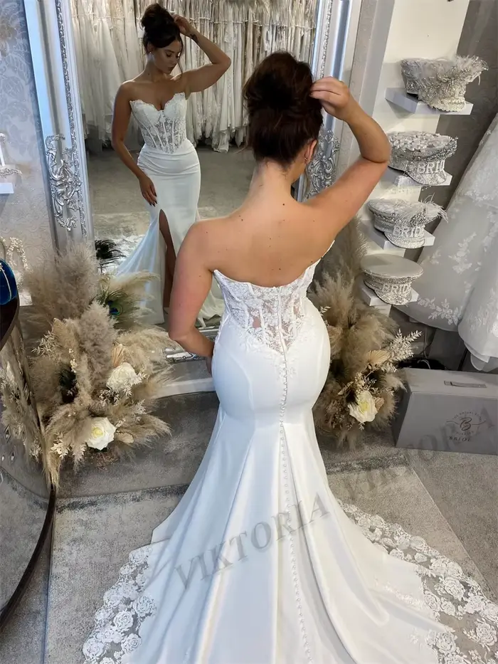 Robe de mariée Viktoria en polyester avec fente et col en V pour femmes, style sirène, personnalisable pour mariage et cérémonies spéciales