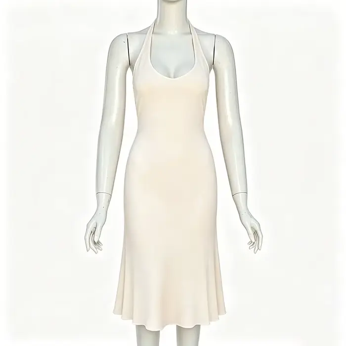 Robe mi-longue à collicou et dos ouvert pour femme en fibre de polyester abricot et blanc élégante pour occasions spéciales et tenues professionnelles