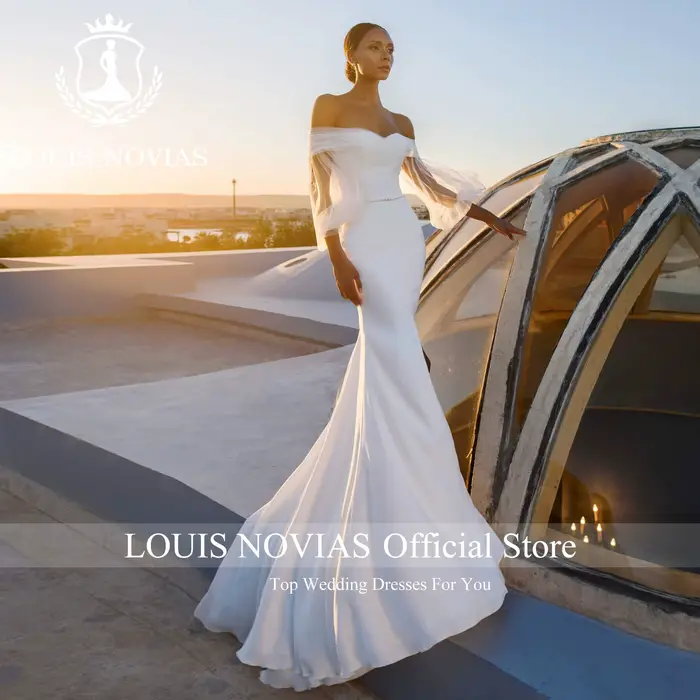 LOUIS NOVIAS sirène Satin robes De mariée pour les femmes manches bouffantes col bateau gaine dos nu robe