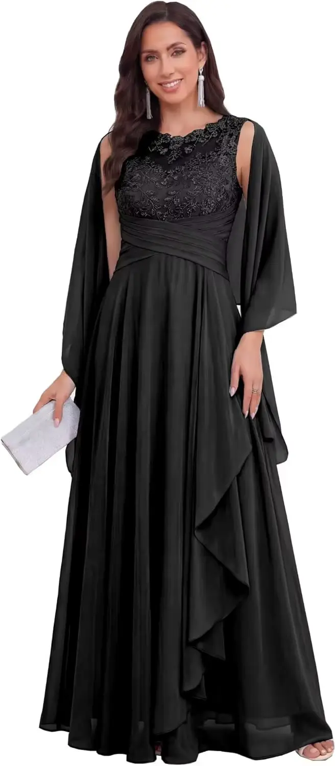Robes en mousseline de soie pour la mère de la mariée avec châle, longues appliques en dentelle, rob