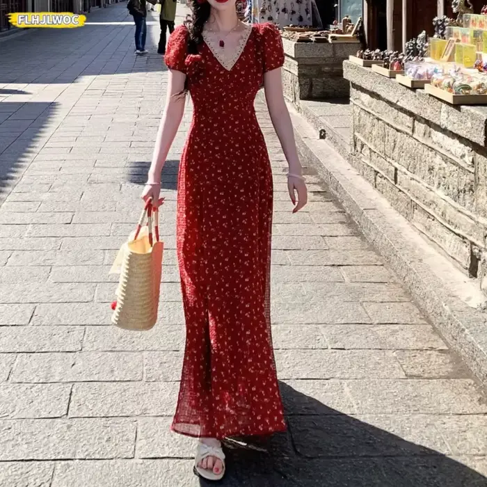 Robe longue maxi vintage à imprimé floral pour femmes, coupée trapèze, taille à lacets, col en V, pour Nouvel An et autres occasions spéciales