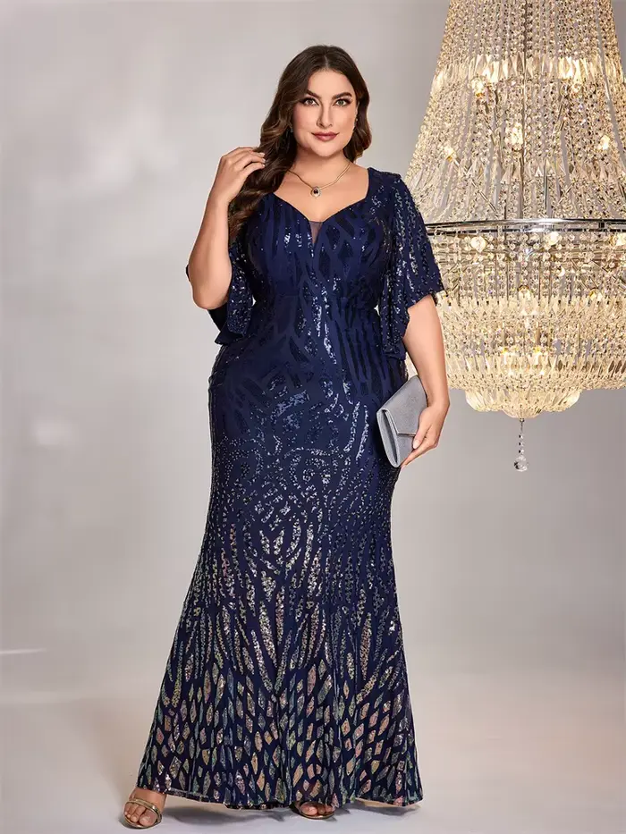 Robe de soirée sirène élégante à sequins et manches courtes asymétriques pour femme, grande taille, 