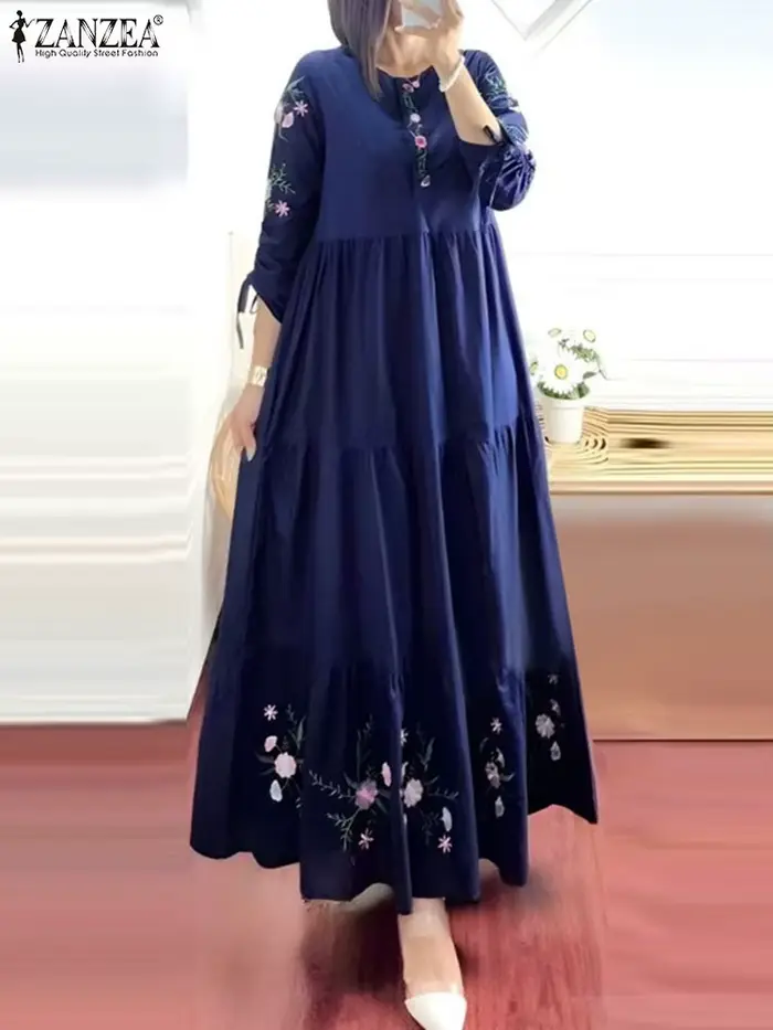 ZANZEA-Robe musulmane à volants pour femmes, Robe maxi, Robe de soirée élégante, Robe d'été imprimée