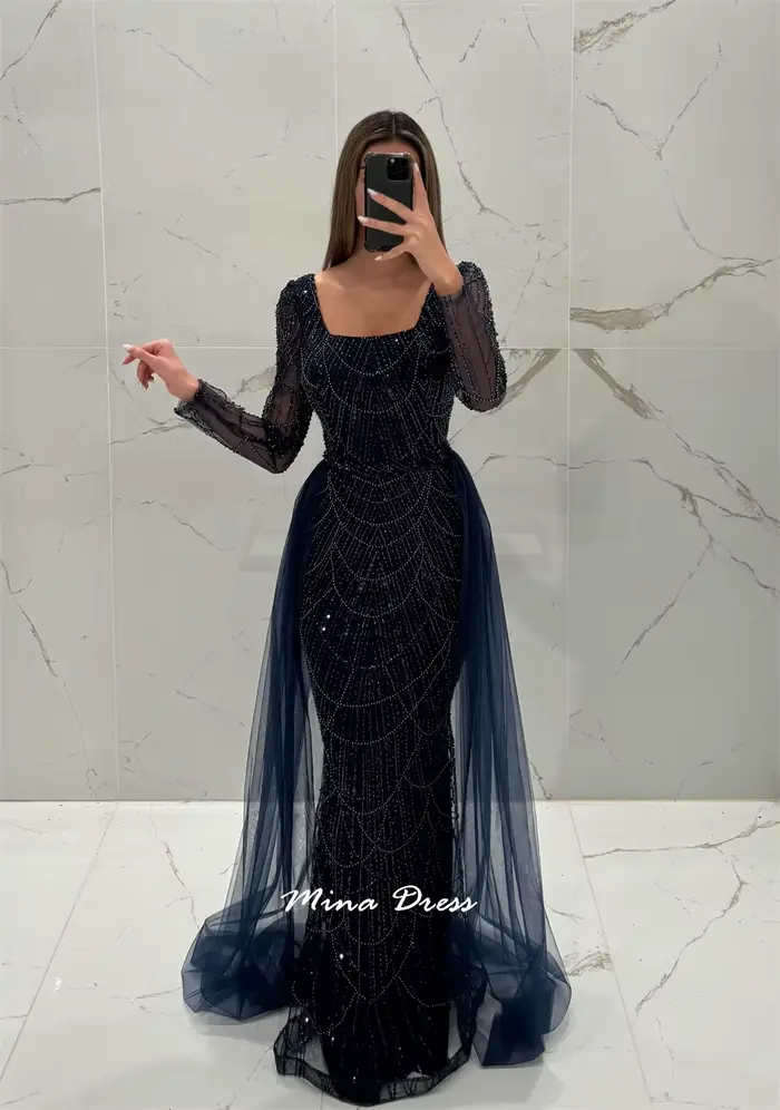 Mina personnalisé gemme robe de bal manches longues robes de bal de luxe carré Leader