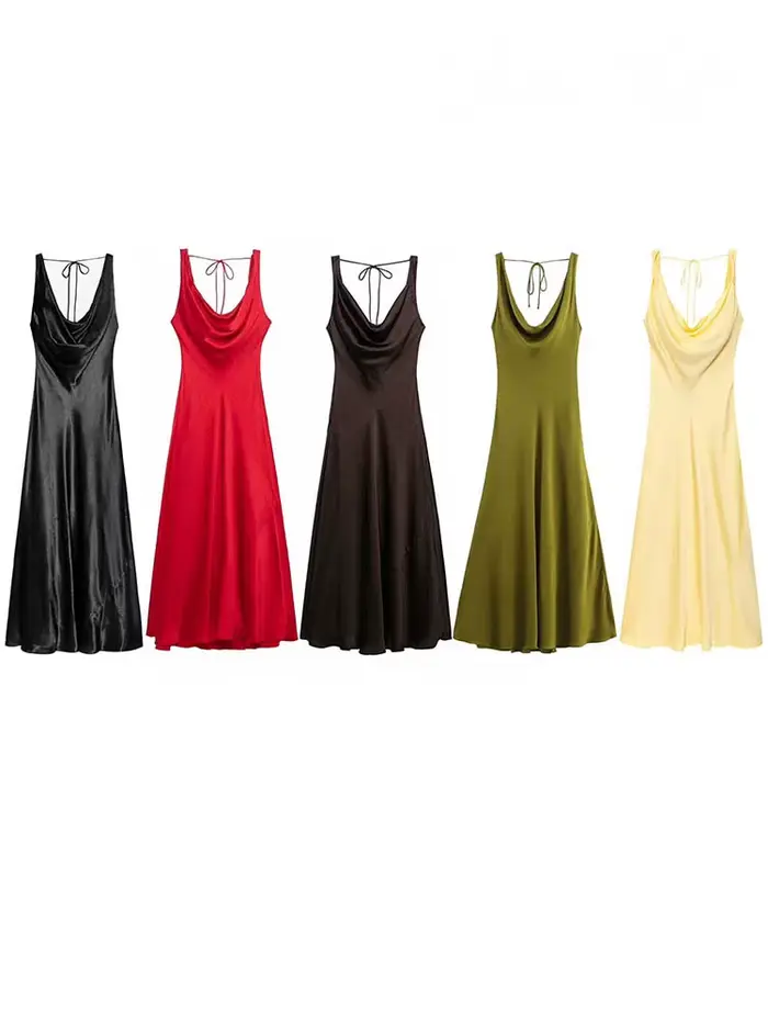 HH femmes solide vacances Style Satin Texture dos nu col en v robe mi-longue été femme élégante Sexy à lacets
