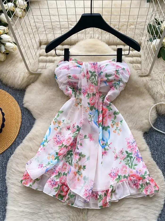 Robe courte féminine style vacances françaises imprimé floral bandeau dos nu taille haute sexy coréen pour soirée et club