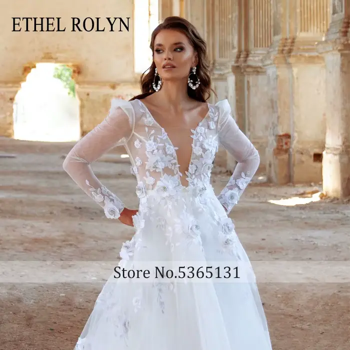 Robe de mariée Ethel Rolyen en dentelle à manches longues princesse illusion fleurs et appliques pour femmes occasions spéciales