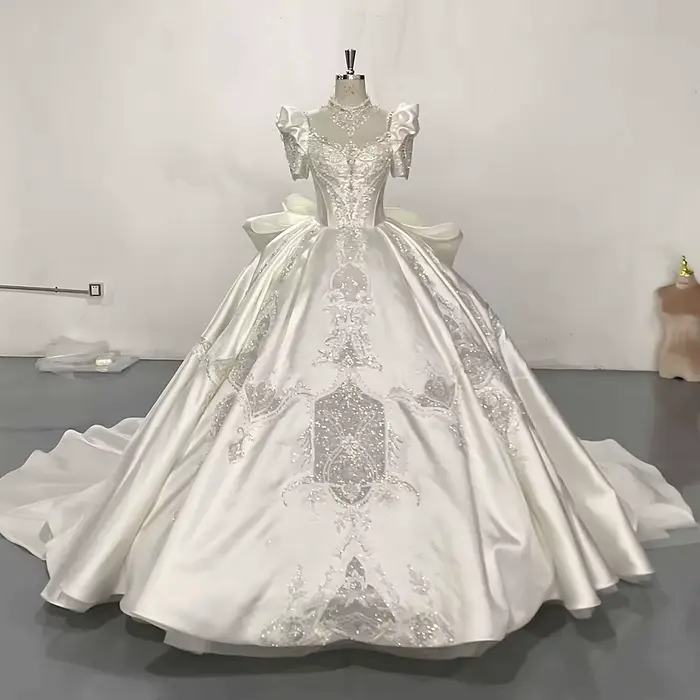 LSMXknit-Robe de Mariée en Satin 2025 Personnalisée, Bouffante, en Dentelle, Perles, Manches Courtes