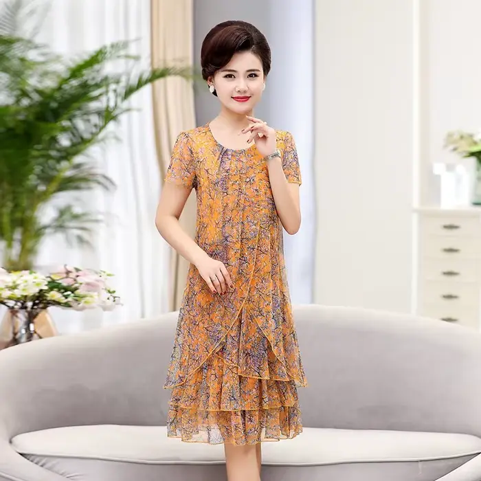 Robe d'été décontractée à manches courtes col rond imprimé floral volants cascade silhouette robe de bal pour femmes occasions spéciales