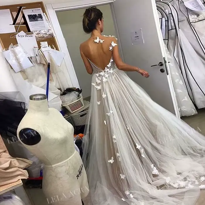 LelaAcra – robe De mariée trapèze sans manches, romantique, dos nu, pour femmes, princesse LM13, per