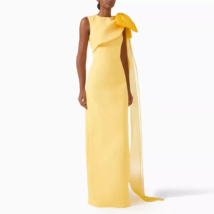 Robes de bal chics pour dames Jersey gaine/colonne robe de soirée formelle jaune col rond nœud drapé