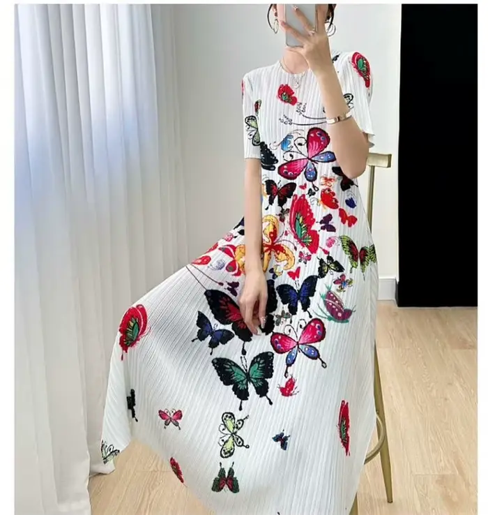 Miyake robe longue plissée robes de soirée imprimé femme été plissé Joker mode léger luxe élégant dames Style