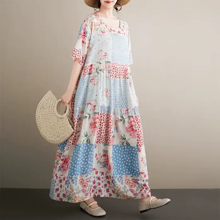 Robe longue bohème en coton et lin pour femmes grandes tailles