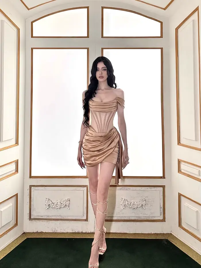REDDACHIC-Mini robe corset en satin doré pour femme, robe transparente, patchwork en arête de poisso