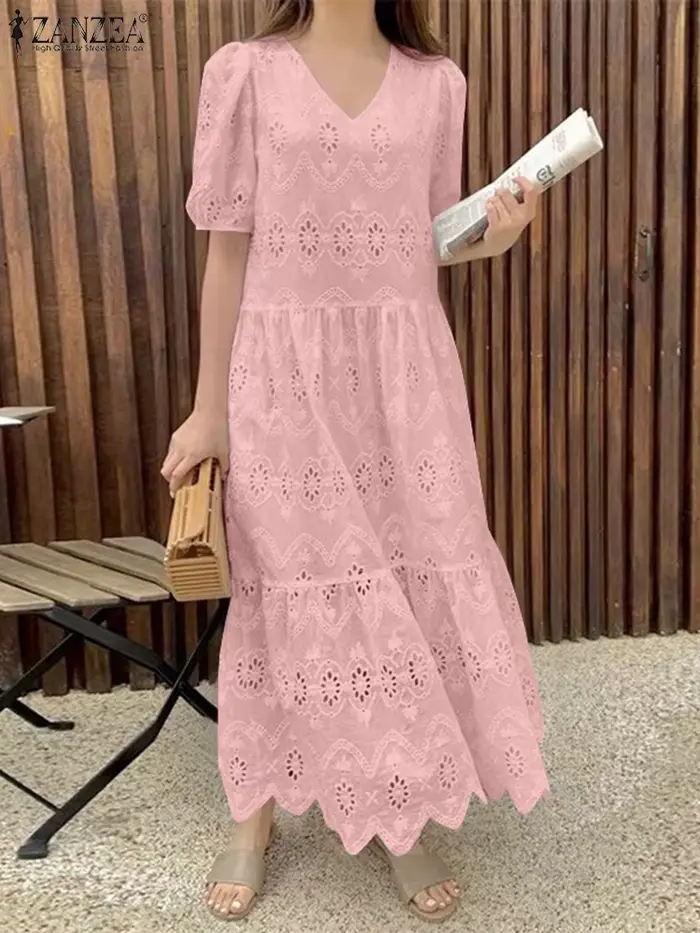Robe ZANZEA en coton ample décontractée col en V manches bouffantes pour femmes occasions spéciales été