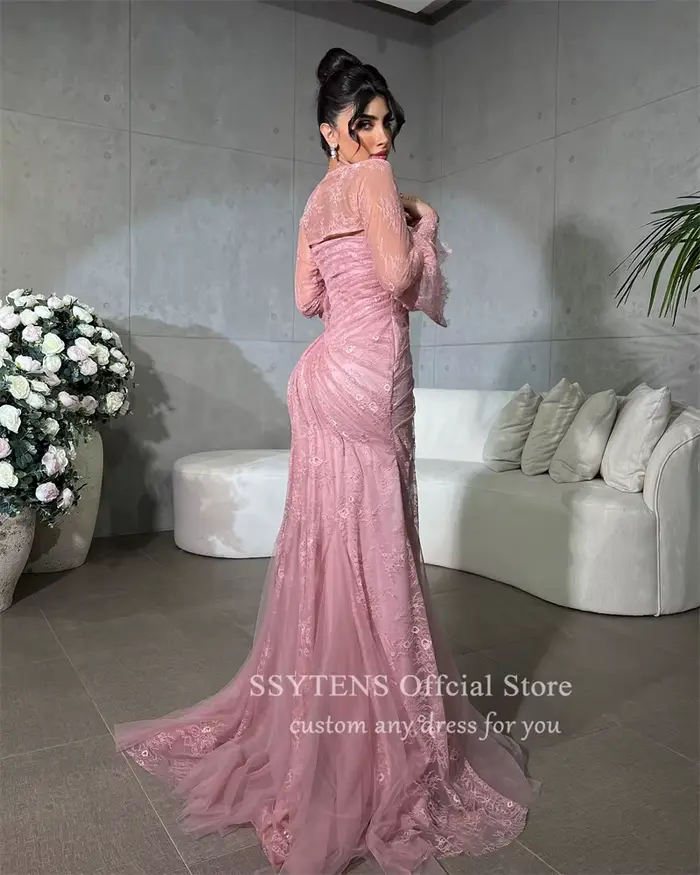 SSYTENS saoudien luxe rose robes de soirée sirène pleine dentelle robes de bal de mariage Formais Elegantes dubaï robe de soirée personnalisée
