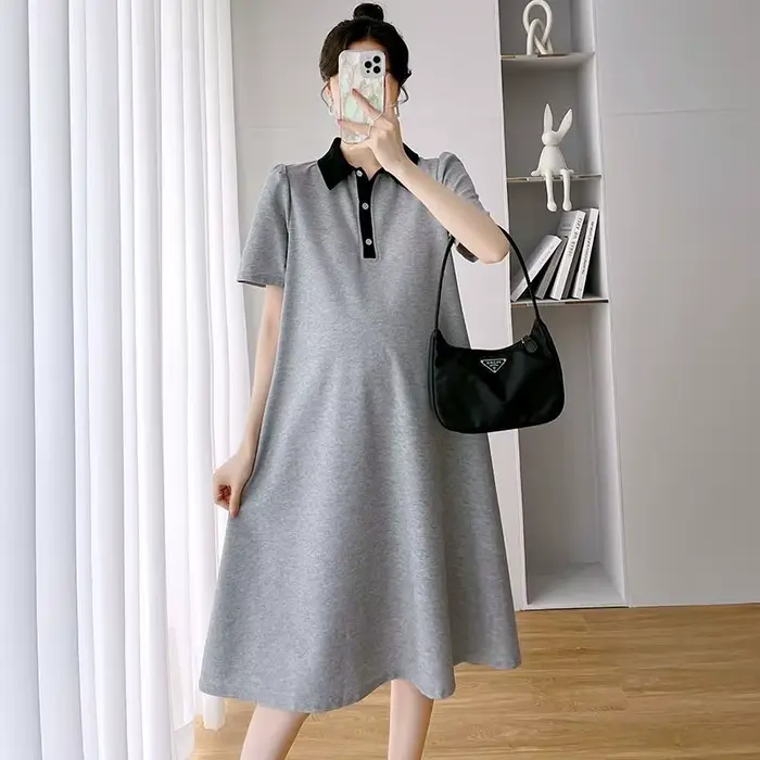 Robe de maternité d'été à manches courtes avec col à revers, Vêtements de maternité d'été à manches 