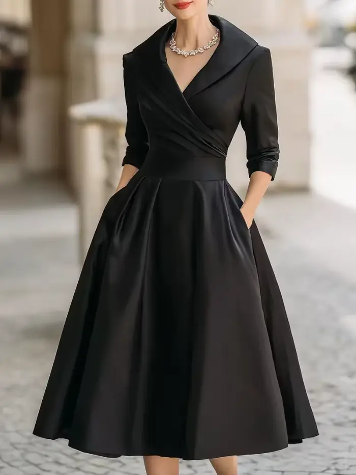 Robe midi élégante pour femme avec col à volants et poches tenue de soirée chic automne polyester couleur beige bleu marine bourgogne fuchsia noir taille S M L' XL XXL