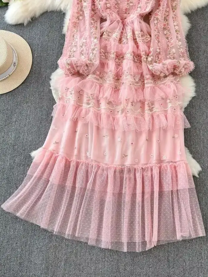Douce fée magnifique fleur broderie cascade volants gâteau Robe femmes col en V rose maille Tulles soirée