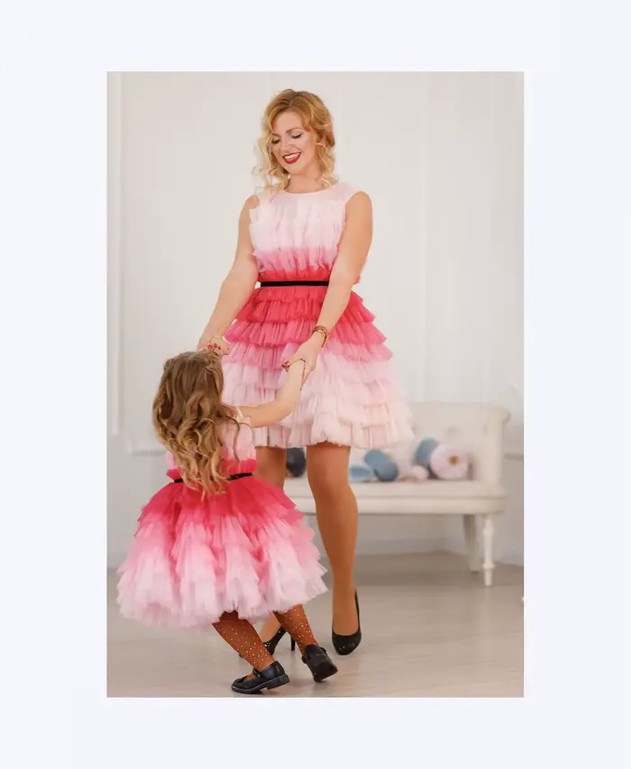 Robe rose ombrée maman et moi pour séance photo, Style d'automne, robe d'invitées de mariage, robe d