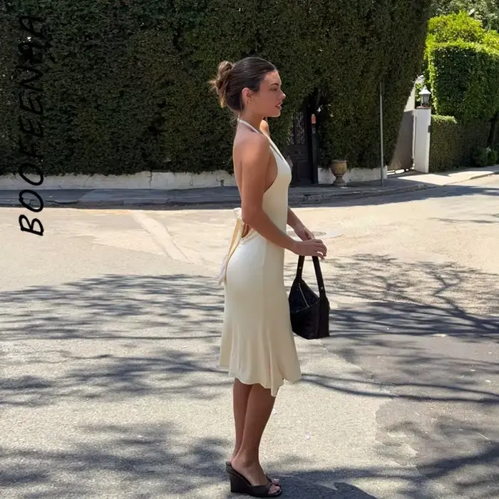 Robe mi-longue à collicou et dos ouvert pour femme en fibre de polyester abricot et blanc élégante pour occasions spéciales et tenues professionnelles