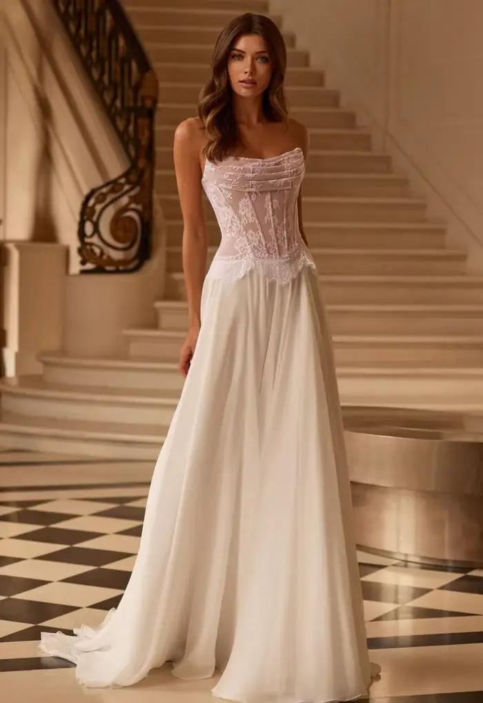 Robe de mariée blanche en dentelle transparente et tulle avec appliques et volants silhouette une ligne pour mariage élégant