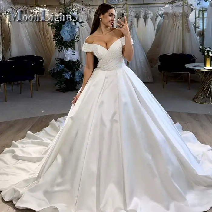 Robes de mariée décentes au clair de lune pour mariée, épaules dénudées, perles, ligne a, plis en Sa