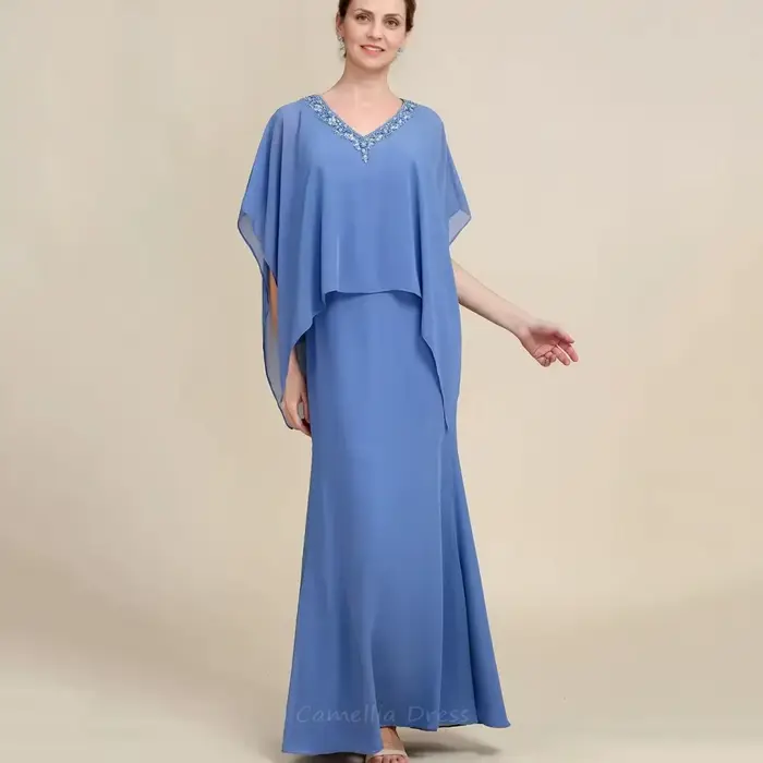 Robe de Soirée Décontractée Personnalisée en Mousseline avec Cristaux pour Mère de la Mariée Occasions Spéciales