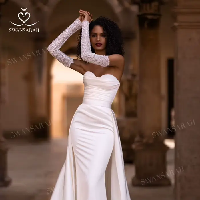 Robe de Mariée Princesse Sirène Chérie Satinée avec Train Amovible pour Femmes Occasions Spéciales