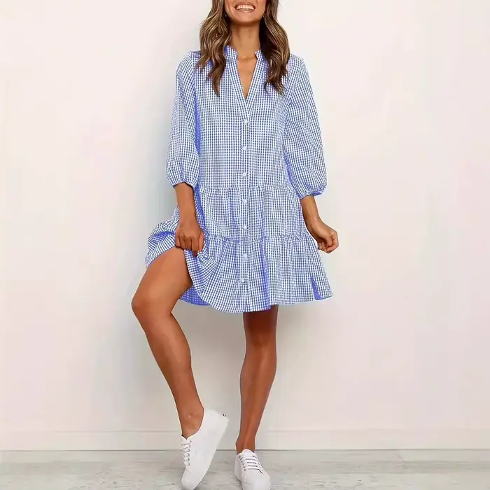 Robe de plage à demi-manches col en V patchwork boutonnée décontractée élégante pour femmes occasions spéciales été vacances 2025