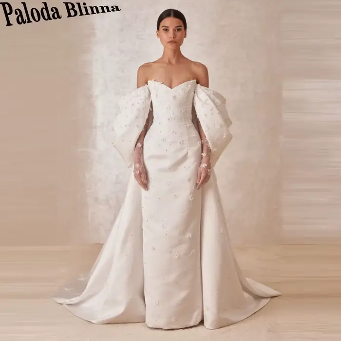 Robe de mariée délicate Paloda pour femme avec appliques, épaules dénudées, nœud, coupe sirène, robe