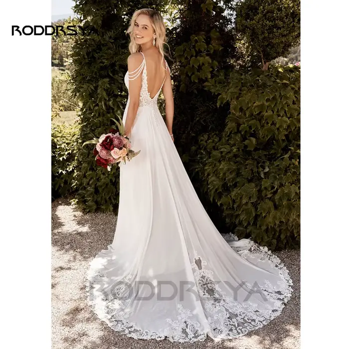 RODDRSYA Robe de mariée bohème pour femme style cœur en dentelle dos nu en mousseline personnalisable pour la plage