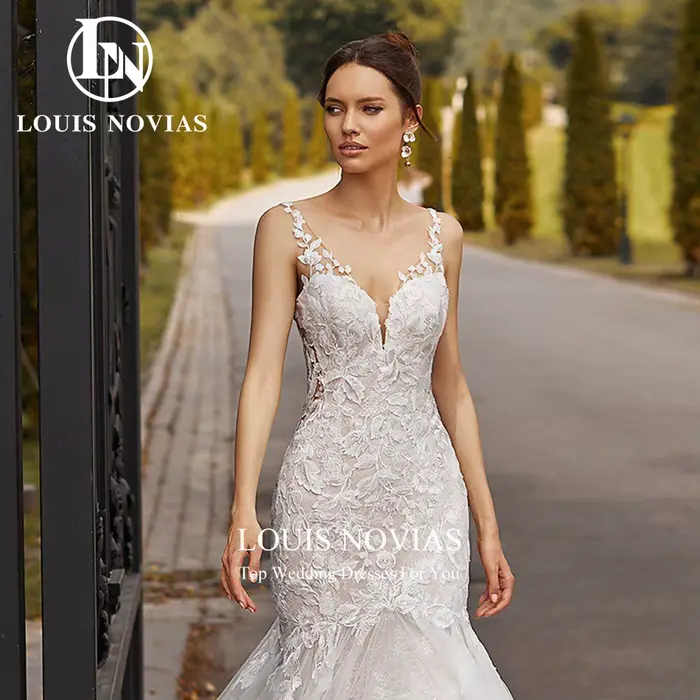 Robe de Mariée Sirène Brodée avec Bretelles Spaghetti Taille Personnalisable Occasions Spéciales