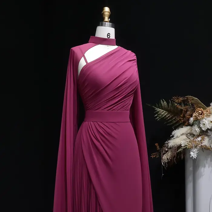Robe Sharon Said Fuchsia en polyester avec décolleté haut et manches longues pour femmes occasions formelles et soirées spéciales