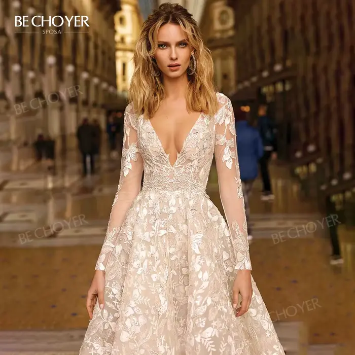 Robe de mariée col en V manches longues coupe trapèze magnifique traîne courte 2026 Princesse BECHOYER EZ56 personnalisée Vestido De Noiva