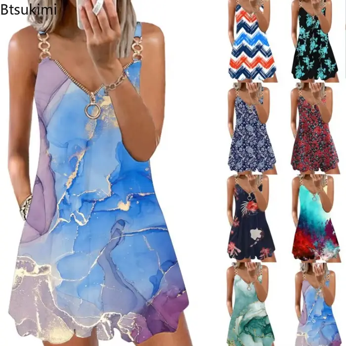 Robe décontractée de plage Btsukimi sans manches imprimée col en V pour femmes occasions spéciales printemps été automne