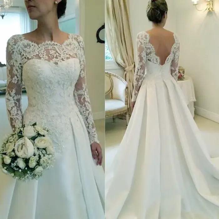 Maria Novia Satin Simple moderne robes de mariée à manches longues dentelle col en v balayage Train 